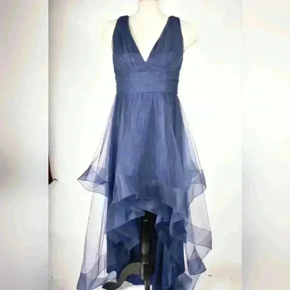 CHI CHI LONDON Navy Asymmetrical Poly Tule Mesh Brides  Plunge Dress 8US Medium - Picture 1 of 9